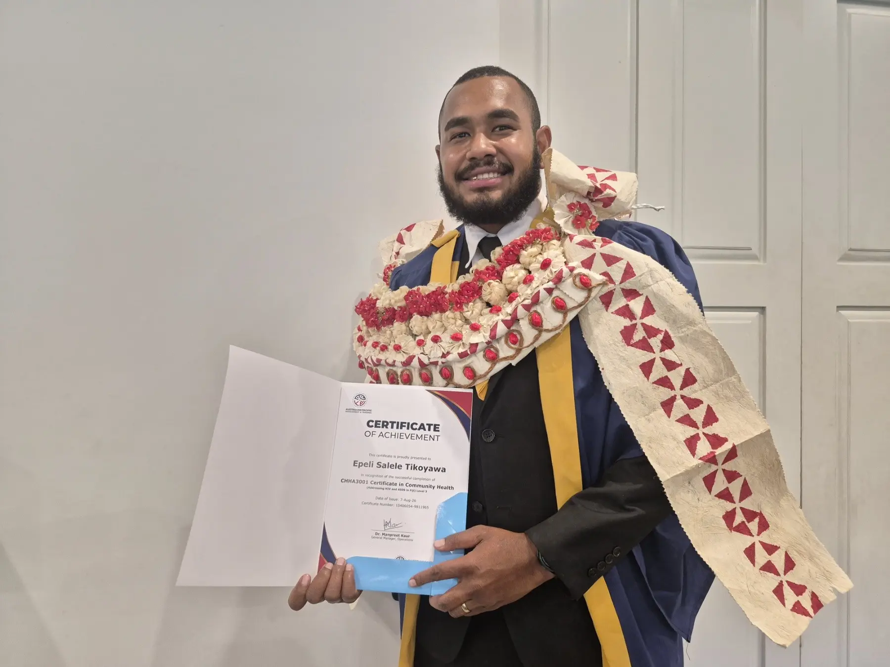 Epeli Salele Tikoyawa with his Certificate in Community Health (Addressing HIV and AIDS in Fiji) Level 3 at Novotel Hotel in Lami on August 14, 2026. Photo Kaneta Niumatau