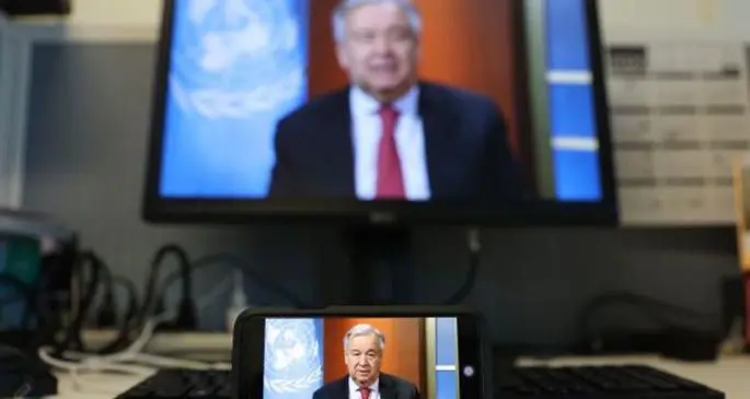 Photo taken on April 3, 2020 shows UN Secretary-General Antonio Guterres speaking at a virtual press briefing at the United Nations headquarters in New York. Antonio Guterres said on the day that the international community should focus only on the battle against its common enemy of the COVID-19 pandemic, which is sweeping the entire world and bringing tremendous socio-economic impacts. (Xinhua/Xie E)