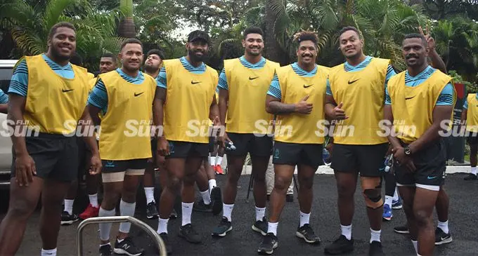 Vodafone Flying Fijians players in Nadi on June 24, 2022. From left: Tevita Ikanivere, Teti Tela, Waisea Nayacalevu, Isoa Nasilasila, Te Ahiwaru Caginidaveta, Leone Rotuisolia and Jiuta Wainiqolo. Photo: Nicolette Chambers