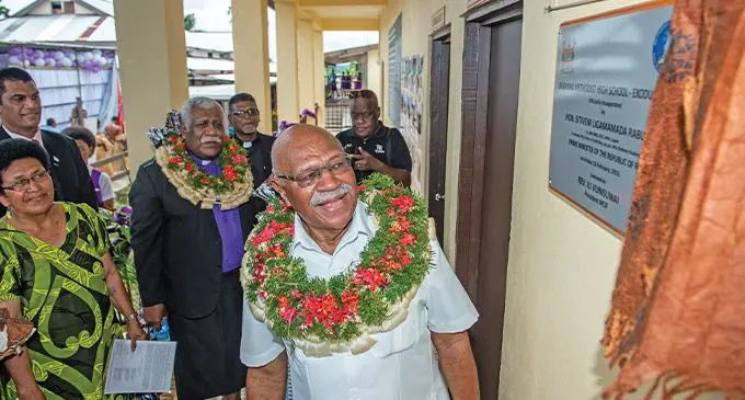 Prime Minister Sitiveni Rabuka with Methodist Church in Fiji and Rotuma president Reverend Ili Vunisuwai during the opening of the Dilkusha Methodist High School building in Nausori on February 10, 2023. Photo: Ronald Kumar