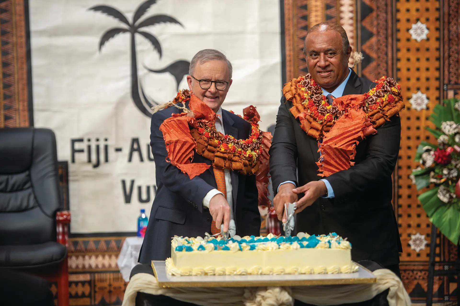 From left: Australian Prime Minister Anthony Albanese and Fiji’s Minister for Public Works, Transport and Meteorological Services, Ro Filipe Tuisawau, at the opening of the Vuvale Skills Hub in Walu Bay, Suva, on July 6, 2026.