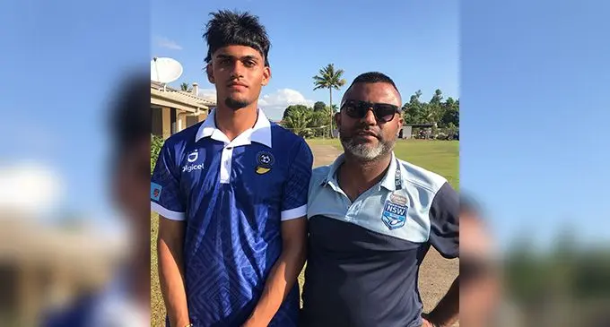 Digicel national Under-19 football rep Mustafa Mohammed (left) with his father Ifraz Mohammed. Photo: Waisea Nasokia