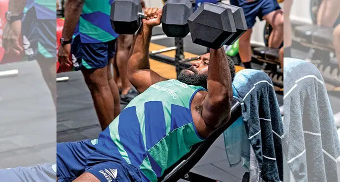 Swire Shipping Fijian Drua prop Samuela Tawake during a gym session earlier this week.Photo: Fijian Drua