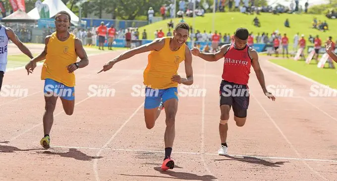 Elijah Tokikivunuku (right) of Suva Grammar celebrate his Suva Zone 2 senior-boys 100meters final win at ANZ Stadium, Suva, on June 15, 2022. he clocked a time of 10.68s. Photo: Ronald Kumar