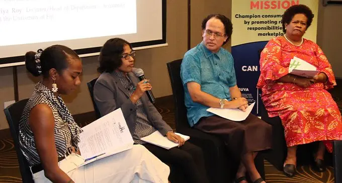 From left: United Nations Capital Development Fund (UNCDF) Financial and Digital Literacy associate Olivia Vakaosooso, University of Fiji lecturer Sandhiya Roy, University of the South Pacific Accounting, Finance and Economics Head Nacanieli Rika and Fiji National University College of Humanities and Education dean Unaisi Nabobo Baba at the Holiday Inn on February 1, 2023. Photo: Sosiveta Korobiau