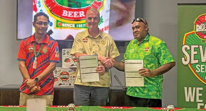 From left: Paradise Beverage sponsorship and events specialist Alfio Tekavei, Paradise Beverages general manager Mike Spencer and Nawaka Rugby Club president and tournament organiser Eparama Sailo during the Fiji Bitter Nawaka 7s launch in Suva on January 22, 2025. Photo: Josua Buredua