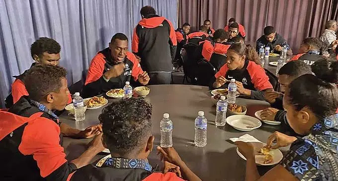 Fijian Airways Fiji men’s rugby sevens captain Joseva Talacolo (facing camera) with members of the national women’s side during dinner at the DoubleView Bowling Club in Perth, Western Australia, on January 23, 2024. Photo: Fiji WA Association