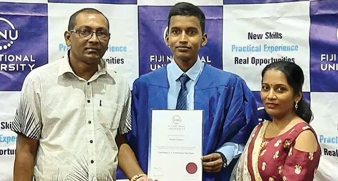 Roshil Chand with his parents Riteshna Chand and Rohit Chand at the Fiji National University Lautoka Campus in Natabua on February 12, 2021.  Photo: Salote Qalubau