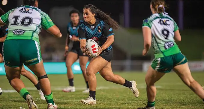 Fiji Bulikula Anastacia Shum-Cottrell leads the attack against Cook Islands Moana during their Pacific Championship Women Bowl match at the HFC Bank Satdium, Suva on October 26, 2024. Photo: Leon Lord