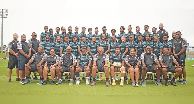 The Rooster Chicken Fijiana 15s team and officials after the captain’s run at the HFC Bank Stadium on September 22, 2022. Photo: Ronald Kumar.