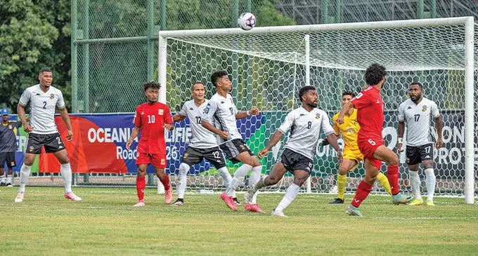 Fiji men’s football reps (left-right) Scott Wara, Tevita Waranaivalu, Nabil Begg and Setareki Hughes defend against Papua New Guinea in Port Moresby on November 14, 2024. Photo: OFC Media