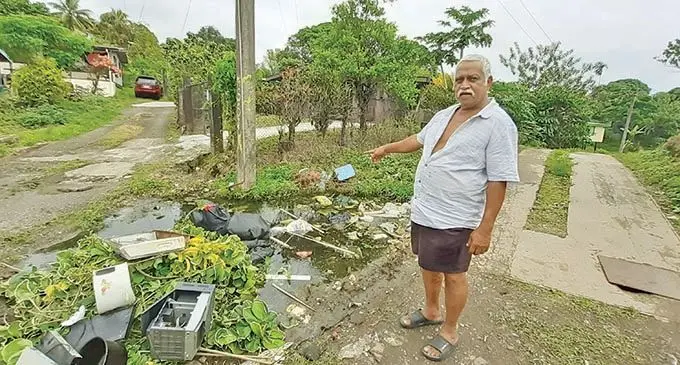 Vijay Singh points at the pile of rubbish at Hanford Place in Narere. Photo: Shalveen Chand