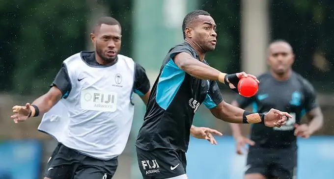 Fiji Airways Fijian men’s sevens winger Vuiviawa Naduvalo (with ball) while Ioane Teba closes in during their training session on November 1, 2022 in Hong Kong, China. Photo: World Rugby