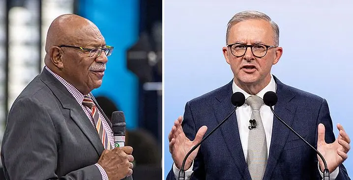 Prime Minister Sitiveni Rabuka. (Photo: Leon Lord) and Australian Prime Minister Anthony Albanese. Photo: Reuters