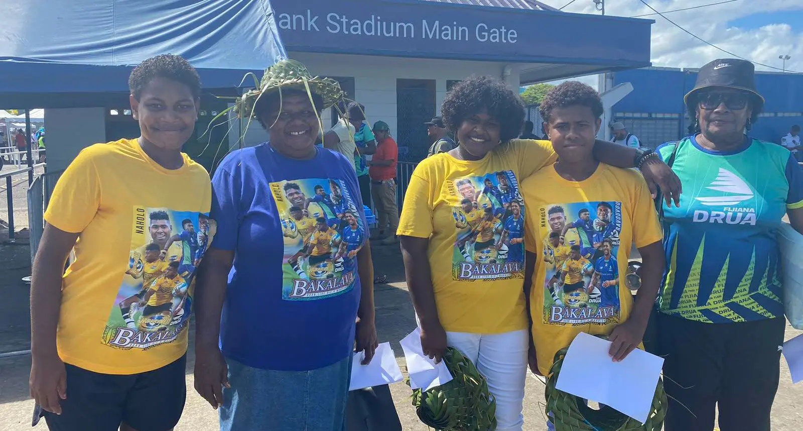 Ana Natolo, (second from left), with her family members from Nadroumai Village in Nadroga at the HFC Bank Stadium in Suva on May 6, 2023. Photo: Ioane Asioli
