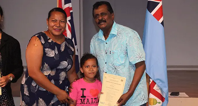 Taole Pasepa, her 5-year-old daughter Feicinia Ofakiloloma with the Minister for Employment, Productivity and Industrial Relations, Parveen Bala at the pre-departure ceremony in Suva on November 9, 2022. Photo: Jone Salusalu