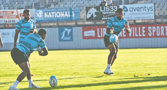Vilimoni Botitu (first from left), Peni Matawalu and Kini Murimurivalu (right) during the Flying Fijians training session in Scotland on October 31, 2022. Photo: FRU Media