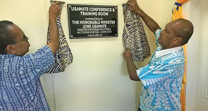 Minister for Infrastructure Jone Usamate (right) with Acting Divisional Engineer North Tevita Halofaki commissioned the conference and training room at Labasa depot in Vatunibale outside Labasa Town on April 12, 2022. Photo: Shratika Naidu