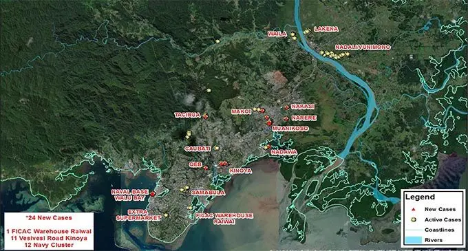 Map showing active cases of COVID-19 as of May 26, 2021 compiled by the ministry showing sources of infection. Photo: Ministry of Health and Medical Services
