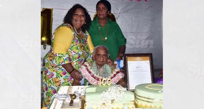 Mary Margaret Qoro (seated), with granddaughher Sabrina Khan (left), and daughter Agnes Minza Megan at the Fun World Plaza Hotel, Nadi on April 16, 2021. Photo: Waisea Nasokia