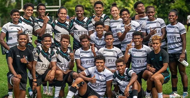 Sitting (from left) Rusila Nagasau and Reapi Uluinasau with the extended squad members of the Fiji Airways Fijiana 7s team following their scrimmage session with the Dominion Brothers at Bidesi Park,Suva on April 20, 2023. Photo: Leon Lord