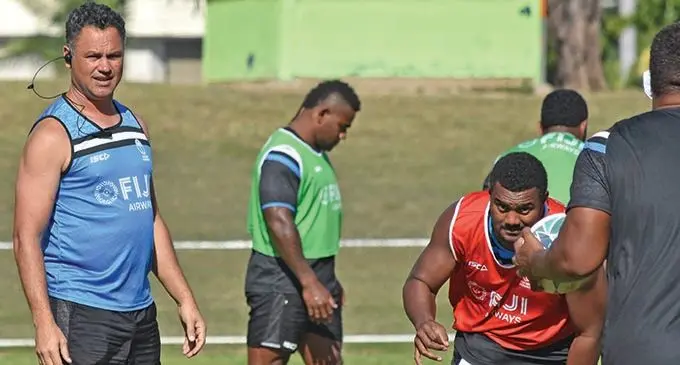 Fiji Airways Flying Fijians assistant coach Tabai Matson with the team at Prince Charles Park in Nadi yesterday. Photo: WAISEA NASOKIA