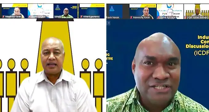 Fiji Commerce and Employers Federation CEO Kameli Batiweti and NTPC Director at FNU, Isimeli Tagicakiverata