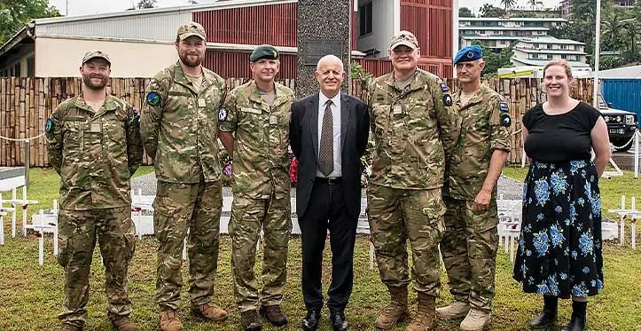 Memorial Service was held at the RSIPF Honiara Central Police Station commemorating Armistace Day, attended by the NZ High Commissioner to Solomon Islands, various dignatories, NZDF, ADF, AFP and the RSIPF with a RFMF Cataflaque Guard. Left to Right: CPL Cole Nordin, CPL Bayley Millar; COL Hamish George, NZ High Commissioner to Solomon Islands Jonathan Schwass, LTCDR Leander Scott-Donelan, Major Darren Russell, Ellena Meehan, First Secretary Administration NZ High Commision.
