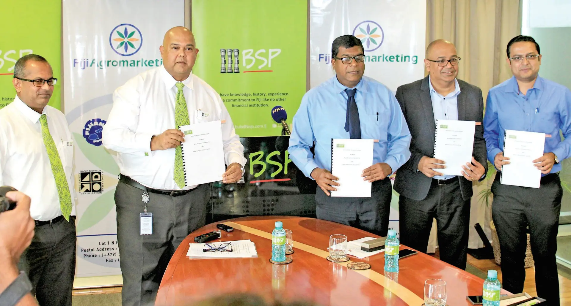From left:  Bank South Pacific general manager retail Ravindra Singh with BSP country head Haroon Ali, Agriculture minister Mahendra Reddy,  Ministry of Agriculture  permanent secretary Ritesh Dass, and Agricultural Marketing Authority chief executive officer Alvin Sharma. 