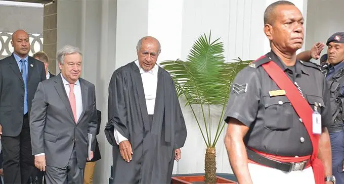United Nations Secretary–General Antonio Guterres, with the Speaker of Parliament Ratu Epeli Nailatikau outside Parliament on May 16, 2019. Photo: Ronald Kumar