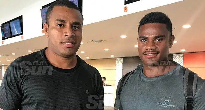 From left: Filimoni Seru and Josateki Tuituba at Nadi International Airport on September 17, 2020. Photo: Waisea Nasokia