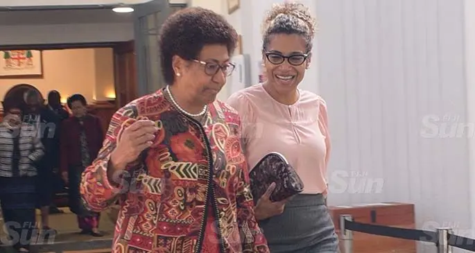 Opposition members of Parliament, Ro Teimumu Kepa and Lynda Tabua outside Parliament on May 26, 2020. Photo: Ronald Kumar.