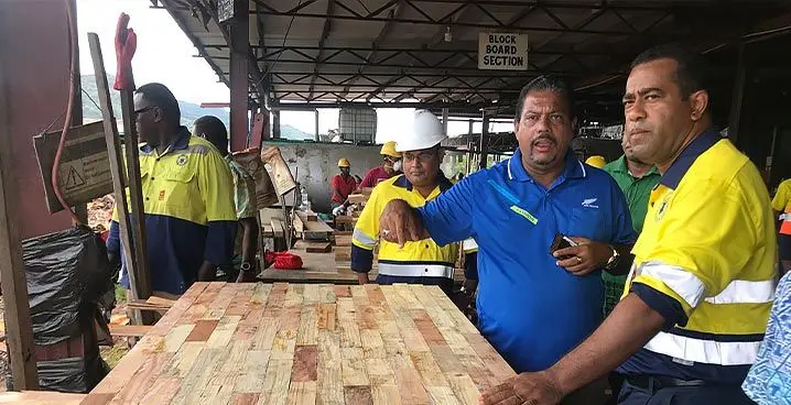 Valebasoga Tropik Boards Pte Limited managing director Mukhtar Ali briefed Minister for Lands and Mineral Resources Filimoni Vosarogo during his visit to the mill in Labasa on January 19, 2023 Photo: Shratika Naidu