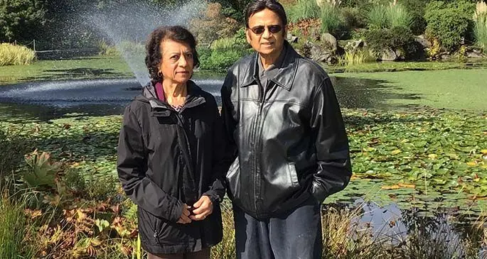 Vince Prasad with wife Veena Prasad at a botanical garden in Canada.
