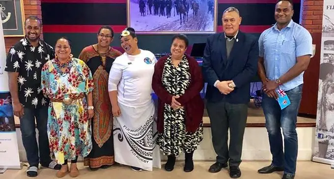 Fiji High Commissioner to the UK Jitoko Tikolevu (sixth from left) and Sekonaia Kalou in London. Photo: Supplied by Sekonaia Kalou