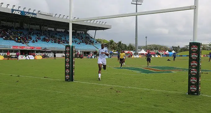 Blue Gas Police White rep Rusiate Nasove on his way to score a try during pool play of the 44th Fiji Bitter Marist 7s tournament at Suva’s ANZ Stadium on September 25, 2020.  Photo: Simione Haravanua