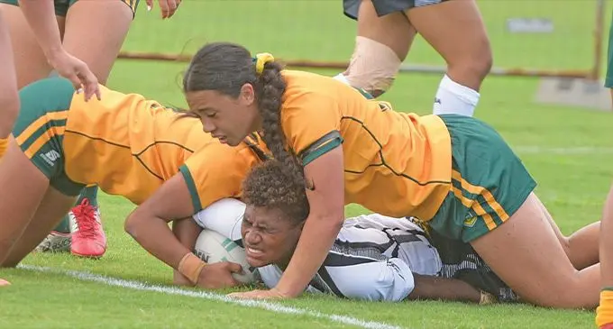 Australian Schoolgirls defense held back Sulueti Wadalu of Fijian Schoolgirls at their tryline during Vuvale Challenge 2022 at Albert Park on September 30, 202. Photo: Ronald Kumar