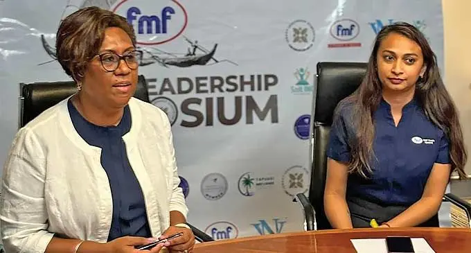 Ana Laqeretabua of Salt Inc Pte Ltd (left) with FMF's group marketing manager Maria Kumar during the golden sponsorship signing in Suva.