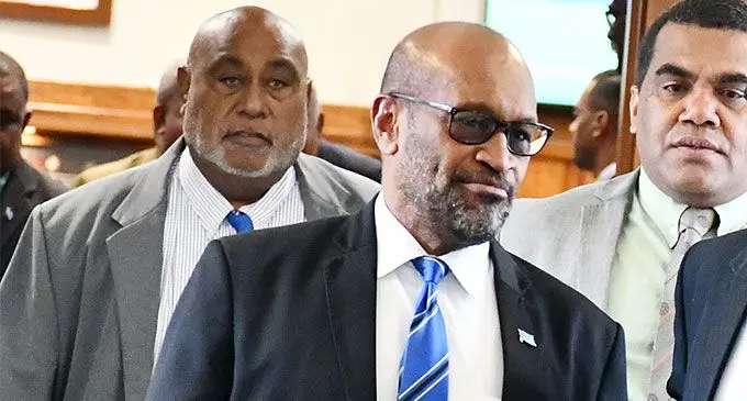From left: Opposition Members of Parliament Semi Koroilavesau, Jone Usamate and Alipate Tuicolo outside Parliament on July 10, 2024. Photo: Ronald Kumar