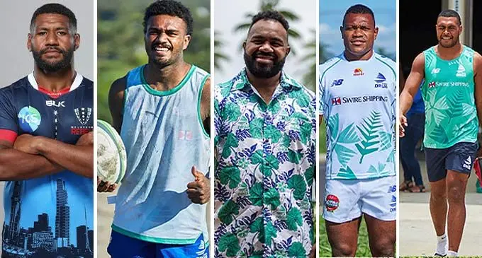 The five new players in the 2023 Swire Shipping Fijian Drua squad are: (From L-R) Emosi Tuqiri, Iosefo Masi, Mesake Doge, Elia Canakaivata,  and Michael Naitokani.