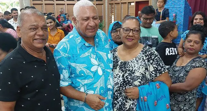 FijiFirst leader Voreqe Bainimarama with supporters during the family meet at the Girmit Centre in Lautoka on May 13, 2023. Photo: Salote Qalubau