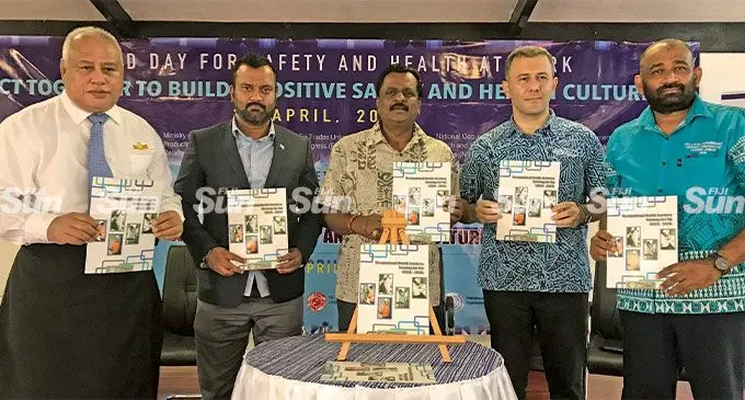 From left: Fiji Commerce and Employees Federation IR consultant Noel Tofiga, MP Alvick Maharaj, Minister for Employment, Productivity and Industrial Relations Parveen Bala, Director ILO for the Pacific Island countries Martin Karimli, and FTUC rep Rouhit Karan Singh during the launch at the Sugar Cane Growers Council Building in Lautoka on April 28, 2022. Photo: Waisea Nasokia