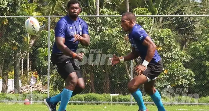 Fiji Airways Fijian 7s rep Kalione Nasoko trains with Suliano Volivoli at the Uprising Beach Resort, Deuba on January 9, 2020. Photo: Simione Haravanua