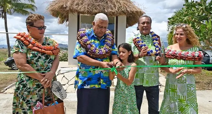 From left: Mary Bainimarama, Prime Minister Voreqe Bainimarama and their granddaughter Sunshine Bainimarama with 18 degrees Fiji Mineral Water Chief Executive officer Hamid Ali and Latifah Ali cut the ribbon for the recommissioning of the water plant on September 3, 2022, at Nasau, Nadi. Photo: DEPTFO News