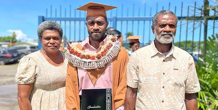 From left: Mum Waita Dimasa, graduate Josevata Kunagado, and dad Josua Valamalua after The University of the South Pacific graduation at the Vodafone Arena, Suva, on April 10, 2025. Photo: Rariqi Turner