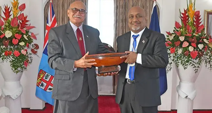 President Major-General (Ret’d) Jioji Konrote (left) presenting a gift to the newly-appointed Ambassador of the Republic of Marshall Islands to Fiji, Tregar Albons Ishoda at the State House on April 29, 2019. Photo: DEPTFO News