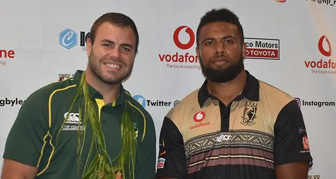 Australian Prime Ministers XIII captain Wade Graham with Fijian PM XIII Luke Nadurutaloe at t Nadi international Airport on October 8, 2019. Photo: Mereleki Nai