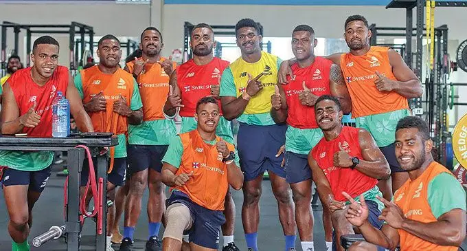 Swire Shipping Fijian Drua players (back from left) Aisea Tuisese, Leone Nawai, Kitione Taliga, Eroni Sau, Iosefo Masi, Peni Matawalu, Ilaisa Droasese. Front (from left) Phillip Baselala, Sikeli Ratulevu, Tuidraki Samusamuvodre at the Drua homebase in Nadi on April 27, 2023.. Photo: Waisea Nasokia