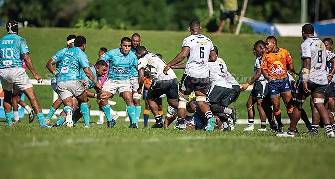 Nadroga prop Aisake Atani leads the charge against Suva in their Skipper Cup clash at Lawaqa Park, Sigatoka, on April 13, 2024. Photo: Leon Lord