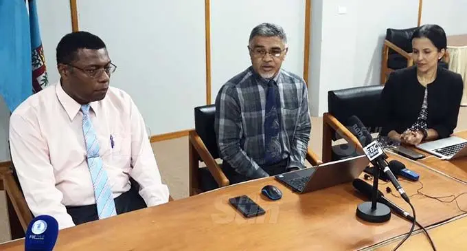 From left: Chief Medical Adviser for the Ministry of Health and Medical Services, Dr Jemesa Tudravu, Acting Permanent Secretary of the Ministry of Health and Medical Services Dr James Fong and General Manager of the COVID-19 incidental management team Dr Aalisha Sahukhan. Photo: Inoke Rabonu